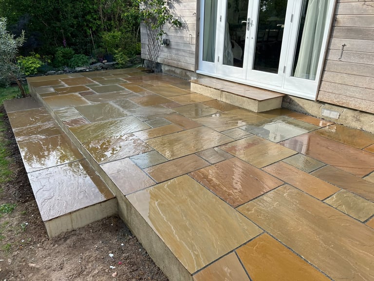 Sandstone patio completed by PC Landscaping in South Devon