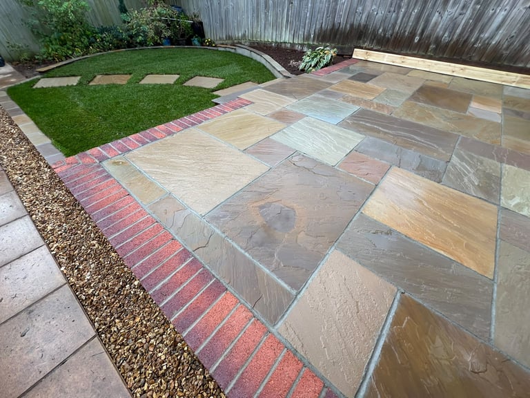 Sandstone patio completed by PC Landscaping in South Devon
